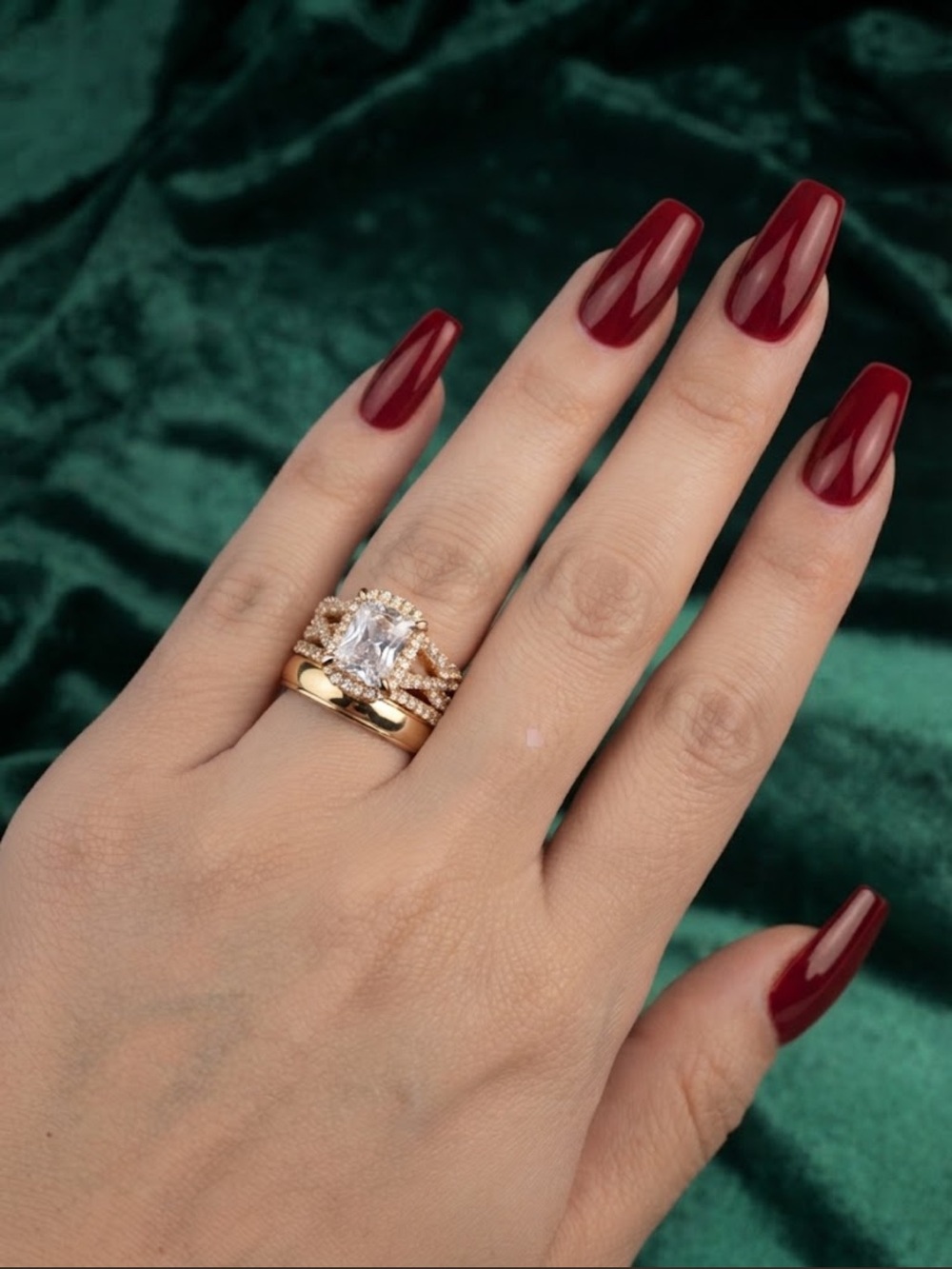 14K Gold PlatedHalo Solitaire Engagement Ring Set with Clear CZ Center Stone
